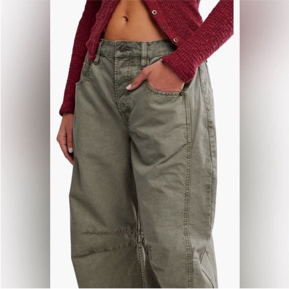 Free People Good Luck Barrel Leg Pants in Olive Green 24 - Picture 3 of 9